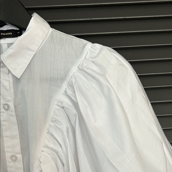 Khosi Nkosi African Elevated White Button Down Top with Ruffles, Size Small - Picture 5 of 16